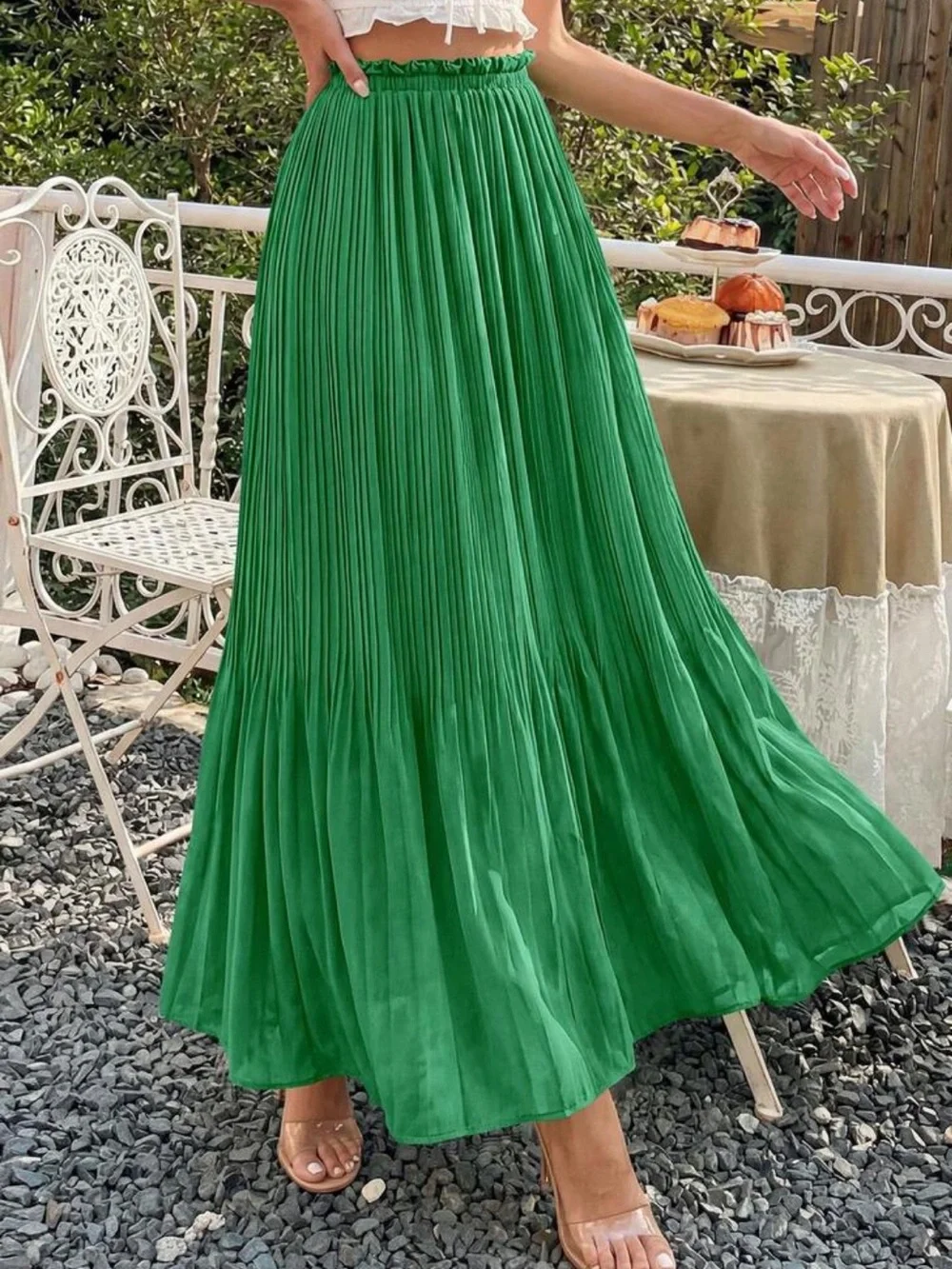 Pleated Green Maxi Skirt - Elegant Women's Skirt